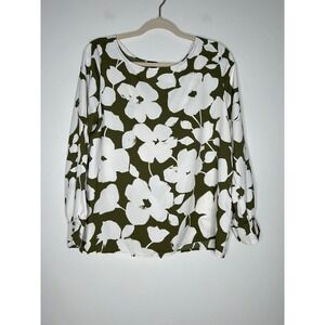 Ann Taylor Factory Floral Blouse Long Sleeve Large Petite Olive Off White Office